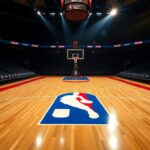 Flick International A vibrant NBA hardwood floor with the iconic logo, spotlighted in a dimly lit stadium.