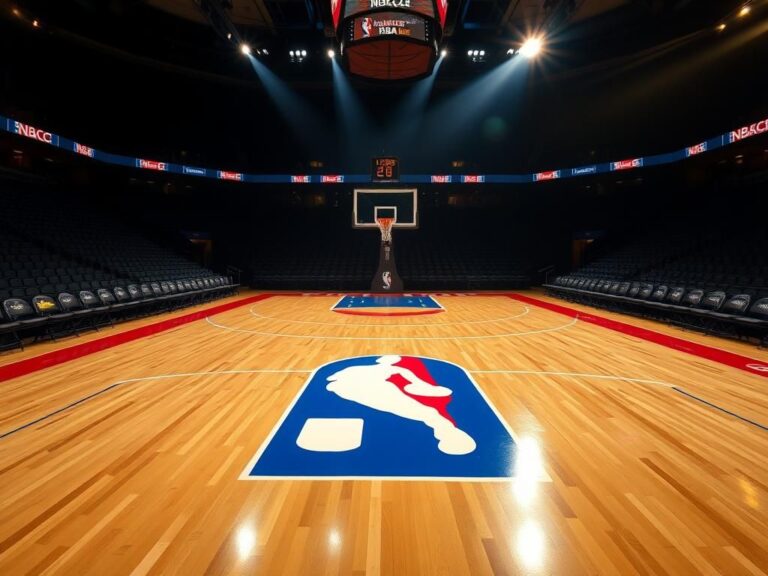 Flick International A vibrant NBA hardwood floor with the iconic logo, spotlighted in a dimly lit stadium.