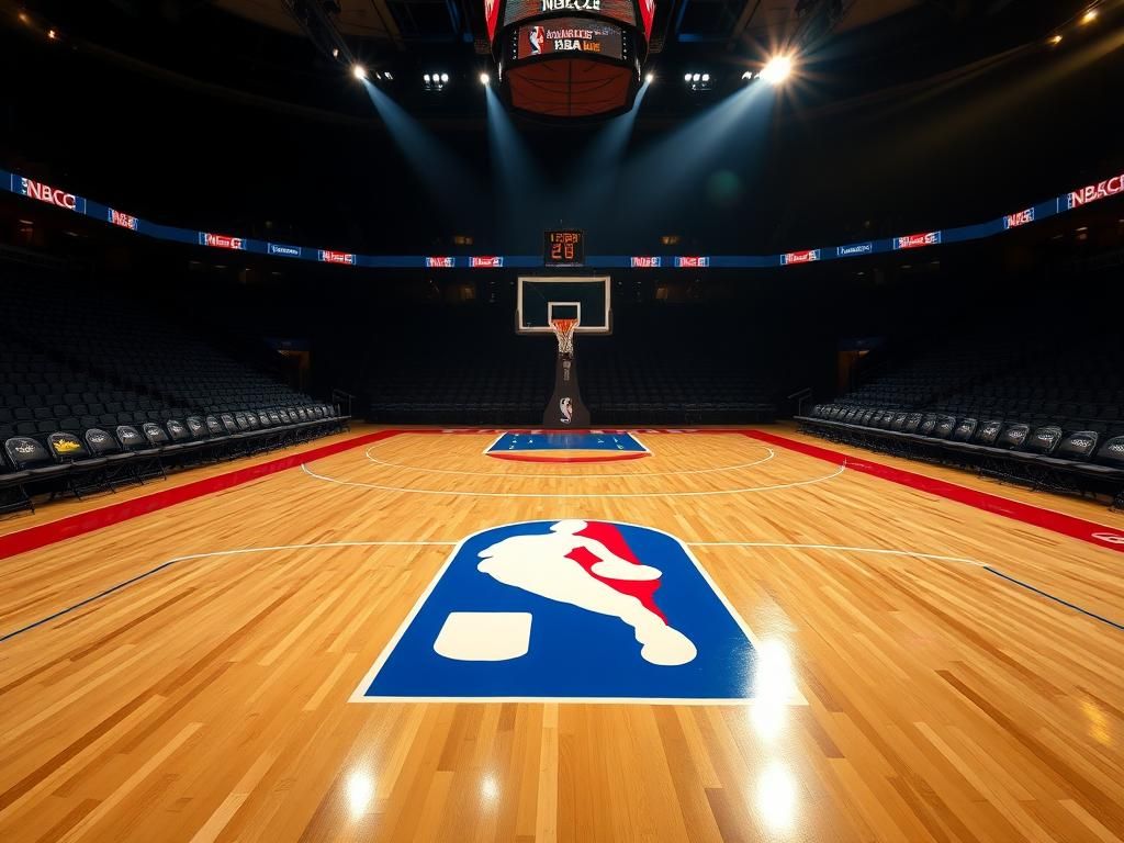 Flick International A vibrant NBA hardwood floor with the iconic logo, spotlighted in a dimly lit stadium.