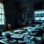 Flick International Dimly lit office with cluttered desk, coffee cup, and political memorabilia indicating John Fetterman's struggles