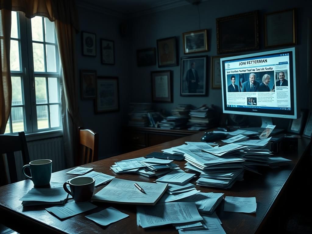 Flick International Dimly lit office with cluttered desk, coffee cup, and political memorabilia indicating John Fetterman's struggles