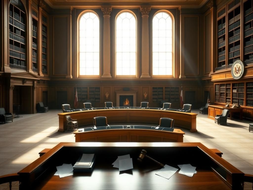 Flick International Grand courtroom interior with empty judge's chairs and sunlight streaming through arched windows