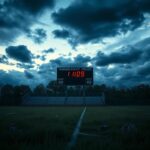 Flick International A deserted athletic field at dusk with overgrown grass and abandoned sports equipment, symbolizing the conflict over transgender athlete policies in Maine.