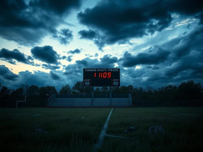 Flick International A deserted athletic field at dusk with overgrown grass and abandoned sports equipment, symbolizing the conflict over transgender athlete policies in Maine.