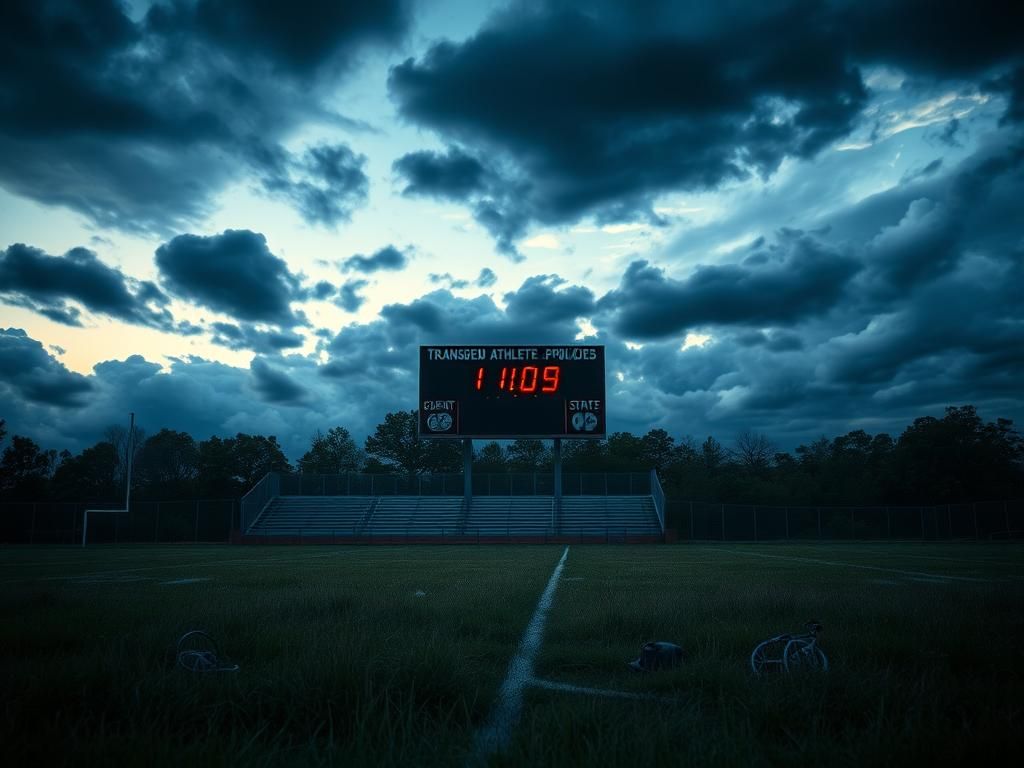 Flick International A deserted athletic field at dusk with overgrown grass and abandoned sports equipment, symbolizing the conflict over transgender athlete policies in Maine.