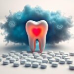 Flick International Conceptual image of fluoride tablets scattered on a white surface beside a child's tooth under dark clouds