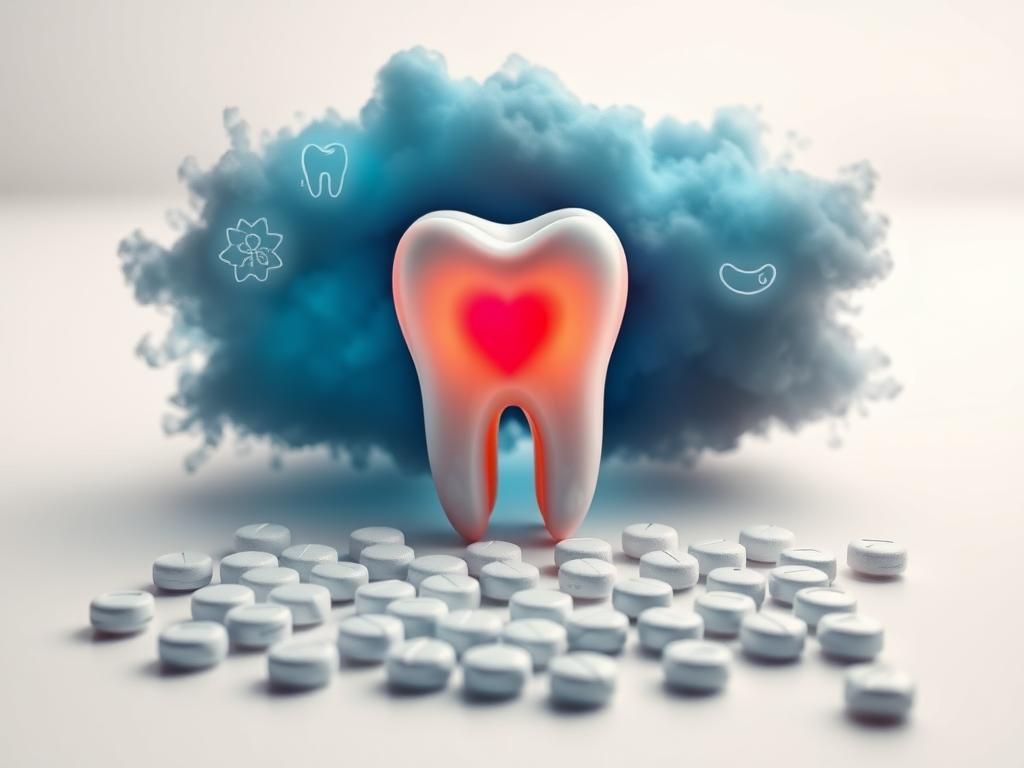 Flick International Conceptual image of fluoride tablets scattered on a white surface beside a child's tooth under dark clouds