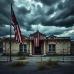 Flick International A crumbling Cuban embassy with a drooping American flag symbolizing strained US-Cuba relations