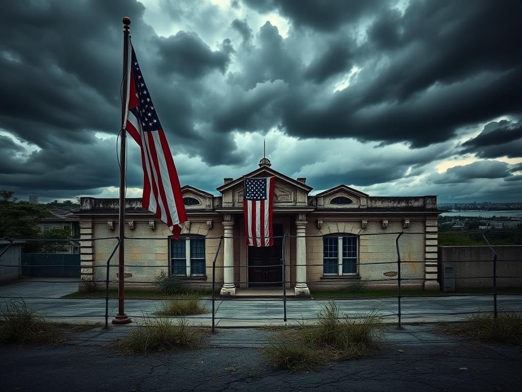 Flick International A crumbling Cuban embassy with a drooping American flag symbolizing strained US-Cuba relations