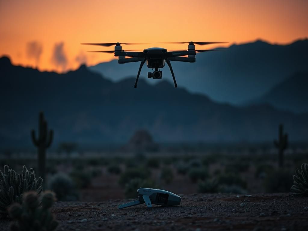 Flick International Drone hovering in the Arizona desert at dusk