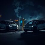 Flick International Two charred Tesla Cybertrucks in a dimly lit municipal parking lot after a fire