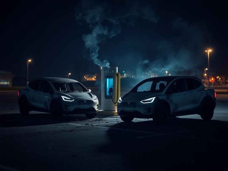 Flick International Two charred Tesla Cybertrucks in a dimly lit municipal parking lot after a fire
