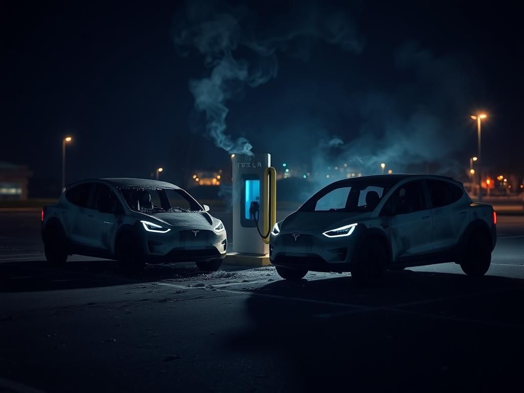 Flick International Two charred Tesla Cybertrucks in a dimly lit municipal parking lot after a fire