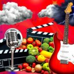 Flick International A vibrant collage representing Hollywood entertainment with elements like a film reel, microphone, and healthy food display.