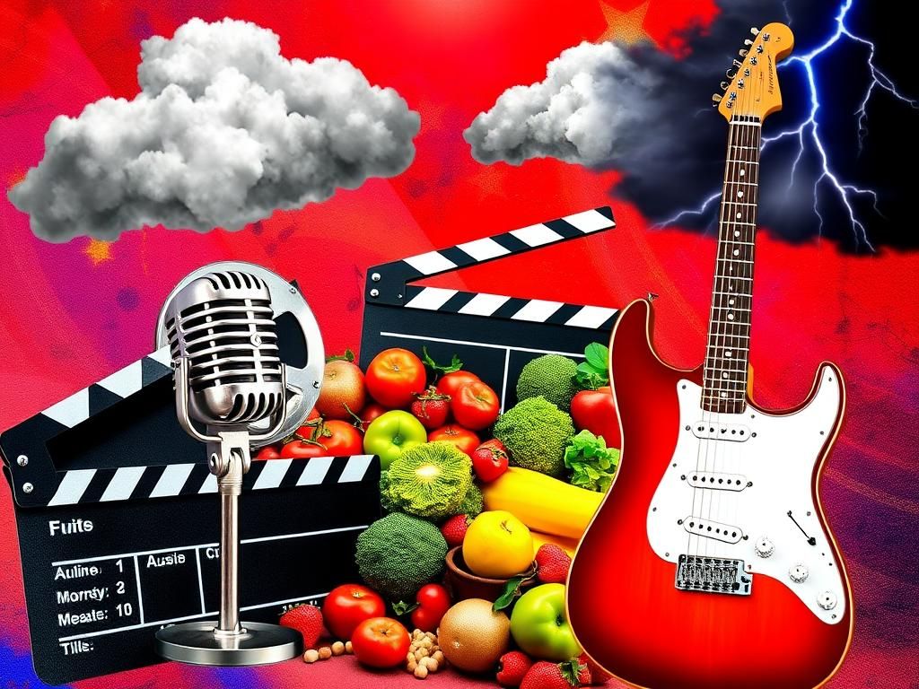 Flick International A vibrant collage representing Hollywood entertainment with elements like a film reel, microphone, and healthy food display.