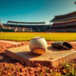 Flick International Close-up of home plate with a scuffed baseball on a baseball diamond during sunset