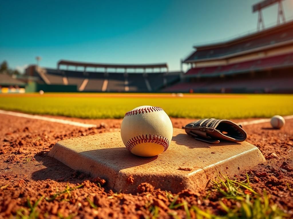Flick International Close-up of home plate with a scuffed baseball on a baseball diamond during sunset