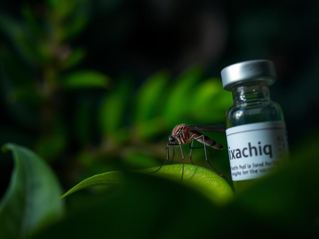 Flick International Close-up view of a mosquito resting on a leaf in a vibrant green environment