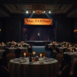 Flick International Dimly lit banquet hall set for star-studded fundraiser featuring luxurious white tablecloths and candlelight.