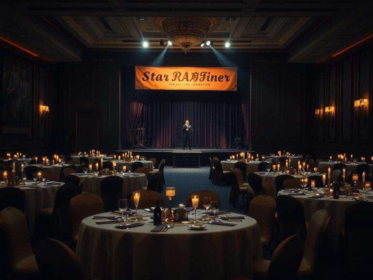 Flick International Dimly lit banquet hall set for star-studded fundraiser featuring luxurious white tablecloths and candlelight.