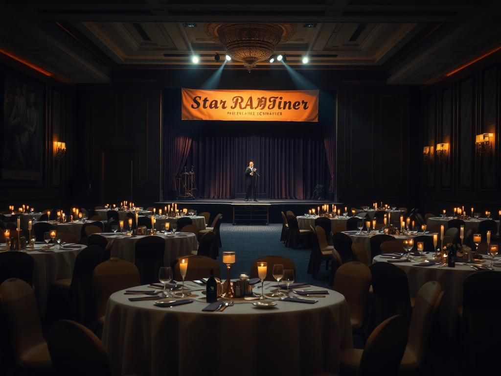 Flick International Dimly lit banquet hall set for star-studded fundraiser featuring luxurious white tablecloths and candlelight.