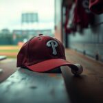 Flick International Close-up of a worn Philadelphia Phillies baseball cap on a wooden bench