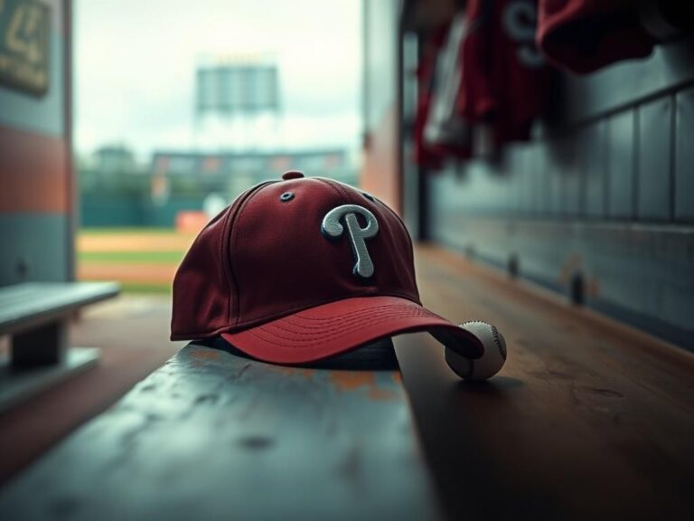 Flick International Close-up of a worn Philadelphia Phillies baseball cap on a wooden bench