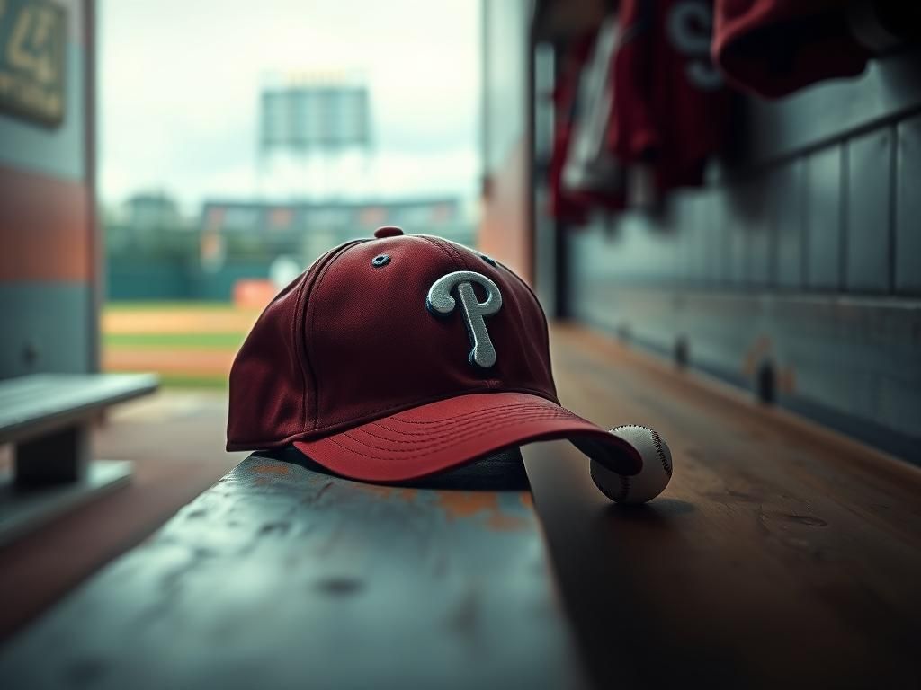 Flick International Close-up of a worn Philadelphia Phillies baseball cap on a wooden bench