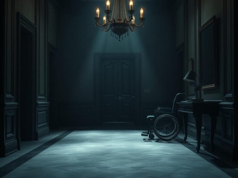 Flick International Dimly lit corridor in a government building with an empty wheelchair symbolizing hidden health concerns