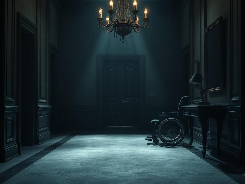 Flick International Dimly lit corridor in a government building with an empty wheelchair symbolizing hidden health concerns