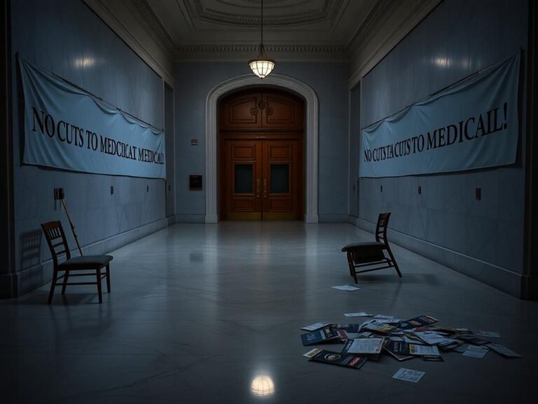 Flick International Empty hallway of the Rayburn House Office Building with banners protesting Medicaid cuts