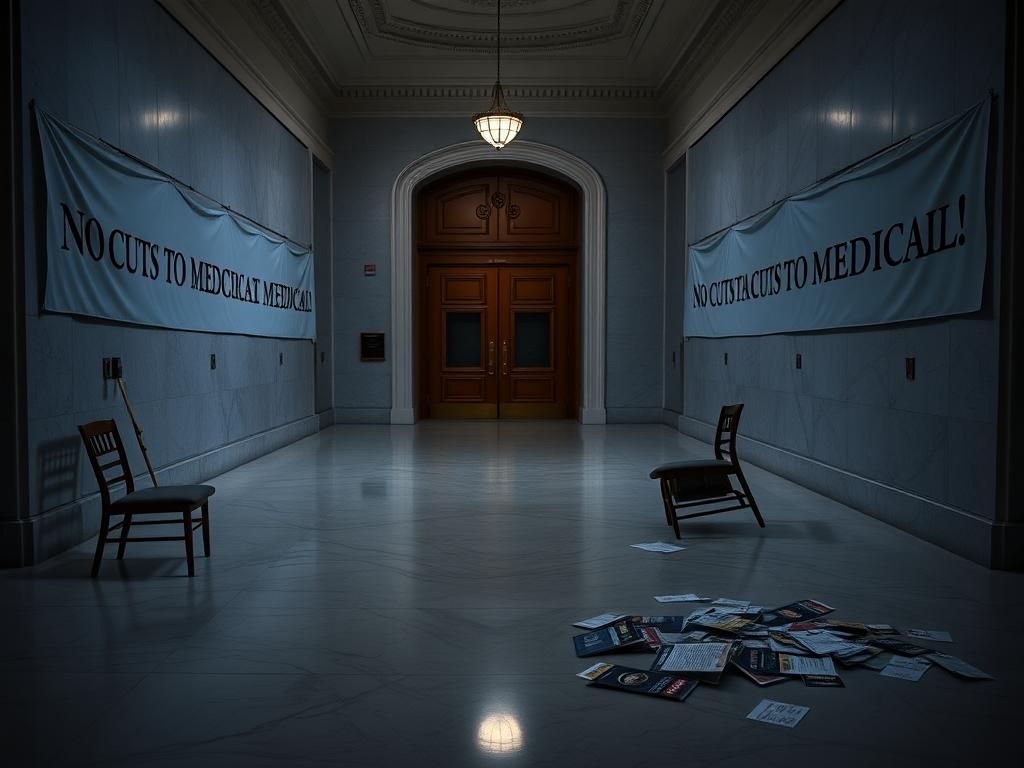 Flick International Empty hallway of the Rayburn House Office Building with banners protesting Medicaid cuts