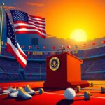 Flick International University stadium filled with colorful flags and banners during a commencement ceremony at sunset