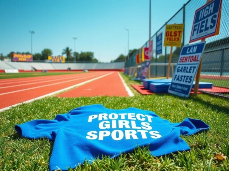 Flick International A discarded t-shirt reading 'Protect Girls Sports' on an empty high school track