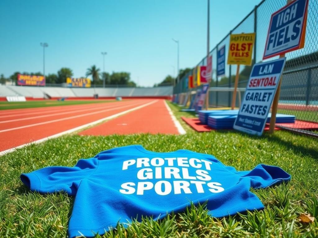 Flick International A discarded t-shirt reading 'Protect Girls Sports' on an empty high school track