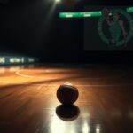 Flick International Empty basketball court with a single illuminated basketball symbolizing Jayson Tatum's injury