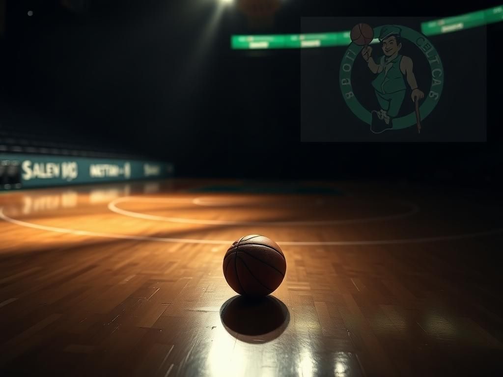 Flick International Empty basketball court with a single illuminated basketball symbolizing Jayson Tatum's injury