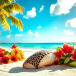 Flick International Stunning animal-print bikini showcased on a large seashell at a vibrant Bermuda beach