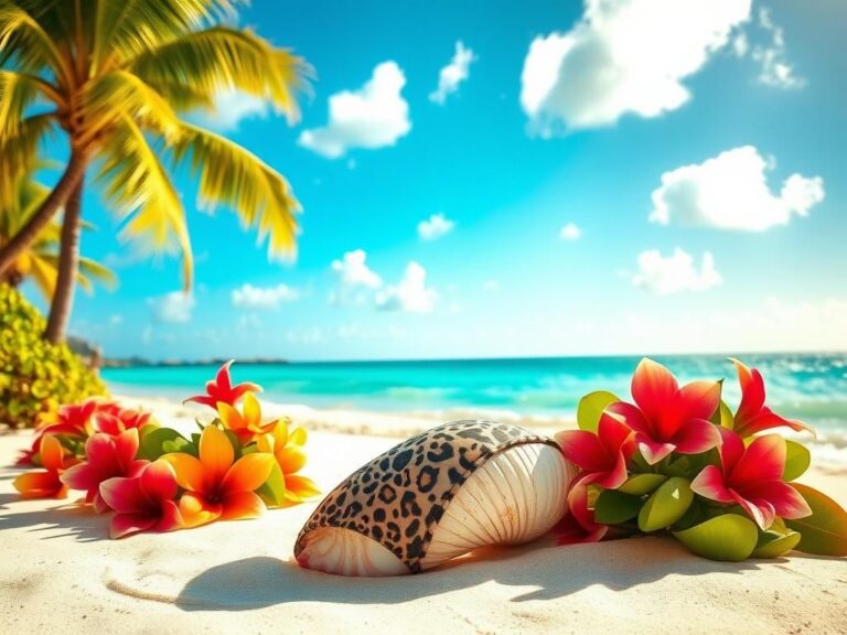 Flick International Stunning animal-print bikini showcased on a large seashell at a vibrant Bermuda beach