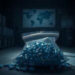 Flick International Dark, ominous scene of a secluded warehouse filled with crates and barrels indicative of fentanyl trafficking