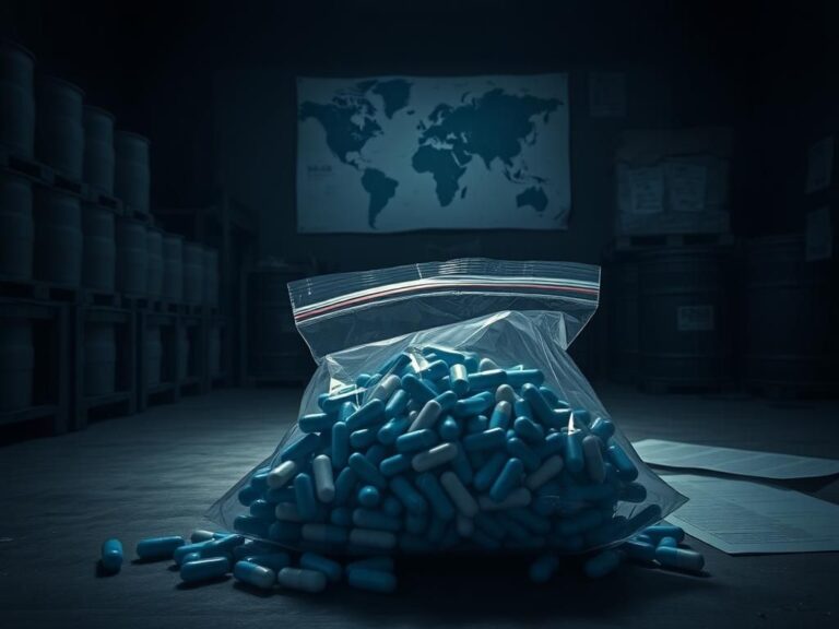 Flick International Dark, ominous scene of a secluded warehouse filled with crates and barrels indicative of fentanyl trafficking