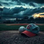 Flick International A dramatic view of an empty baseball diamond at dusk with a baseball and a Reds cap