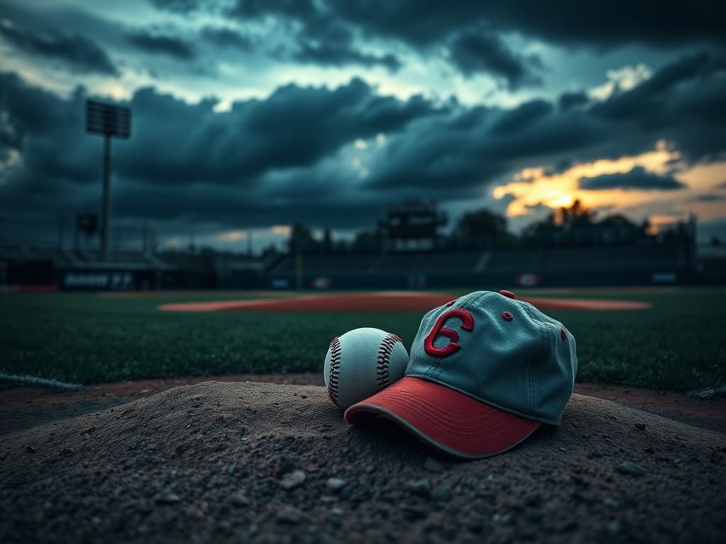 Flick International A dramatic view of an empty baseball diamond at dusk with a baseball and a Reds cap