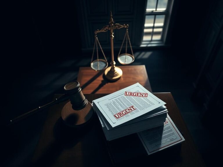 Flick International Aerial view of a somber courtroom showcasing justice and authority with a wooden bench and gavel.