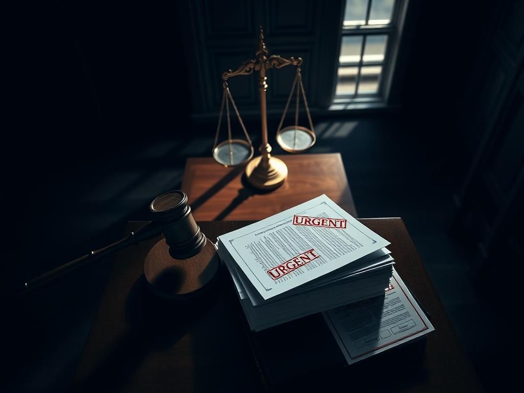 Flick International Aerial view of a somber courtroom showcasing justice and authority with a wooden bench and gavel.
