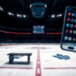 Flick International Dramatic ice hockey scene with empty bench and faint team logos on the ice