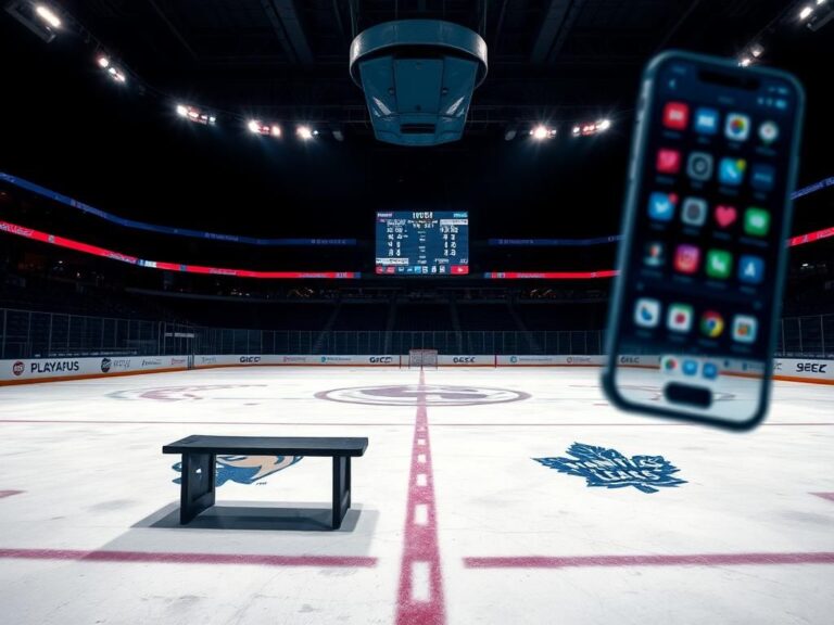 Flick International Dramatic ice hockey scene with empty bench and faint team logos on the ice