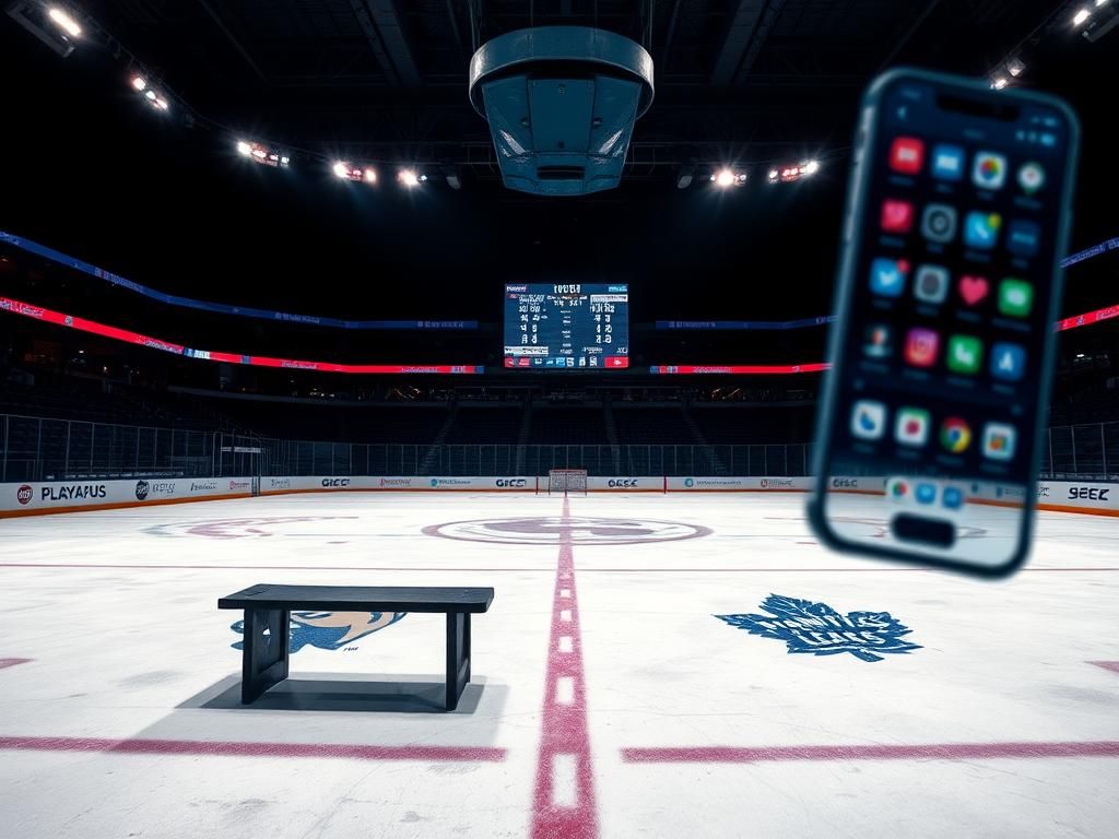 Flick International Dramatic ice hockey scene with empty bench and faint team logos on the ice