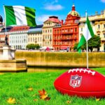 Flick International A football resting on grass near Ha'penny Bridge in Dublin and Royal Palace in Madrid, symbolizing NFL's expansion to Ireland and Spain