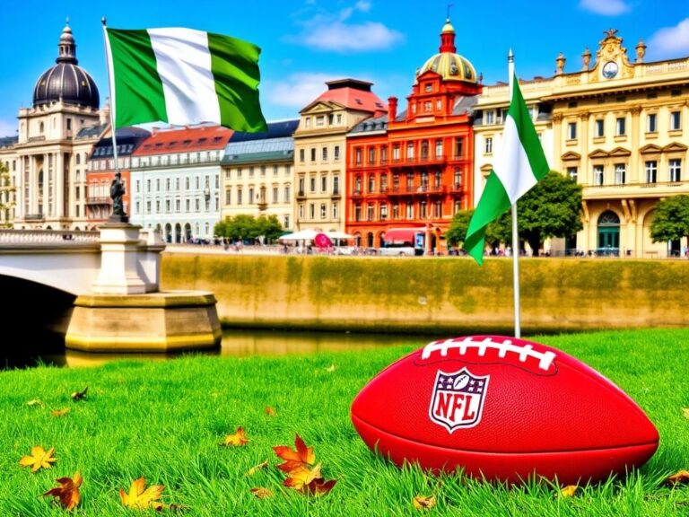 Flick International A football resting on grass near Ha'penny Bridge in Dublin and Royal Palace in Madrid, symbolizing NFL's expansion to Ireland and Spain